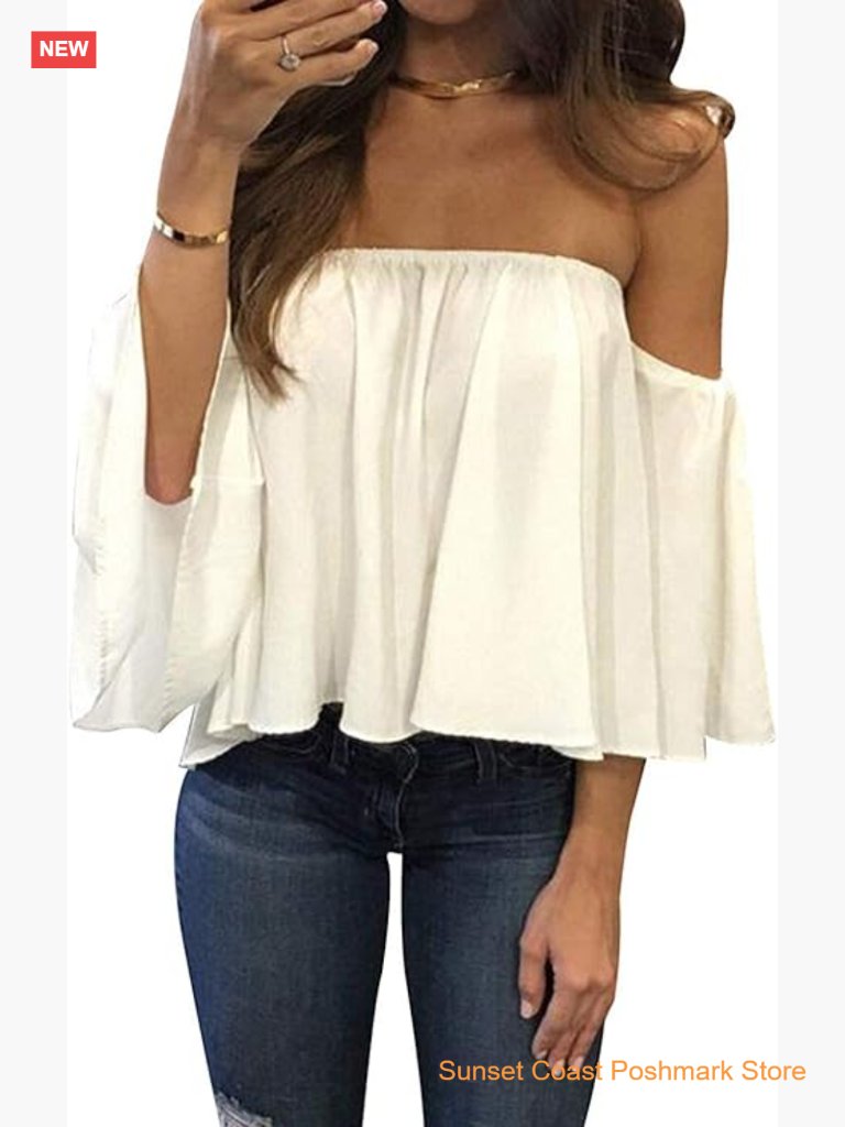 Off Shoulder Ruffled Chiffon Blouse Flowy Casual Summer Top